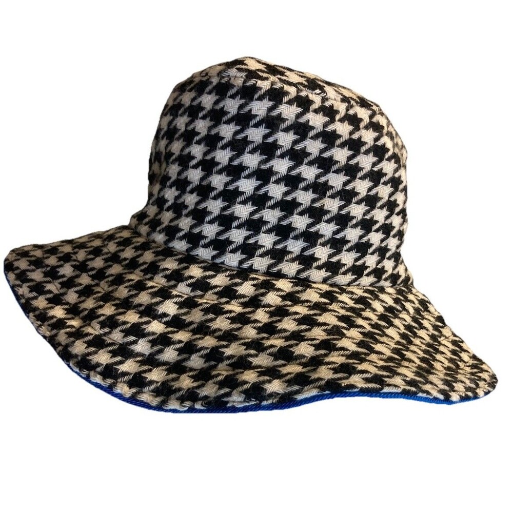 Deborah Rhodes Mocha Bucket Hat Houndstooth Black And White Blue Trim Retro